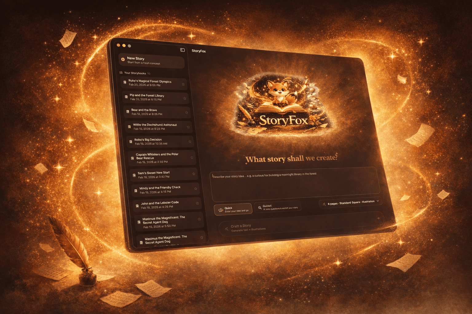 StoryFox app — creation view with story library, floating in a magical storybook scene